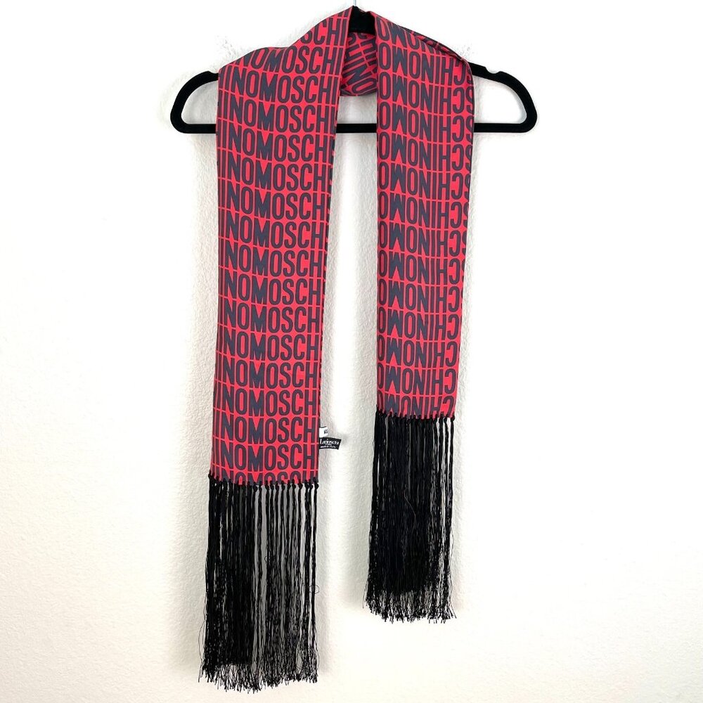 Moschino UNISEX Red Navy All Over Logo 100% Silk Fringe Long Scarf Made in Italy